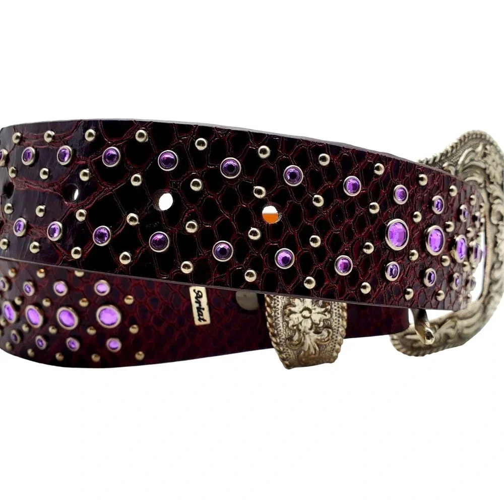 Ariat Burgundy Leather Belt 32 Lavender Crystal Reptile Print Silver Tone Buckle